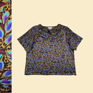 70s/80s satin size 3X blouse by Anna Kriste, vintage purple & teal abstract top